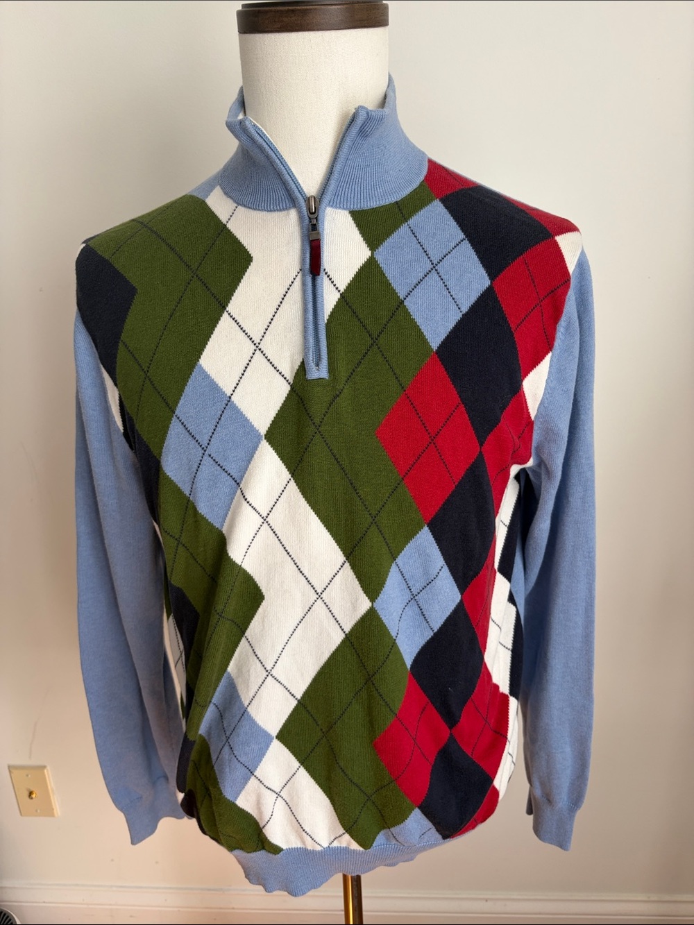 Brooks Bros. Classic Argyle Quarter-Zip Sweater - Light Blue, Olive & Red